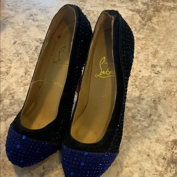 Christian Louboutin Black and Blue Crystal Heels - Picture 3 of 5